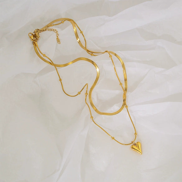 Wholesale Stainless Steel Doublelayer Love Peach Heart Necklace With Snake Bone Chain And Electroplating Treatment