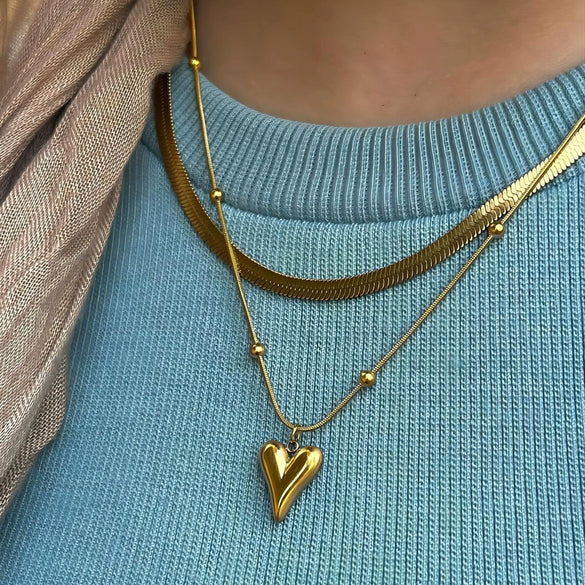 Wholesale Stainless Steel Doublelayer Love Peach Heart Necklace With Snake Bone Chain And Electroplating Treatment