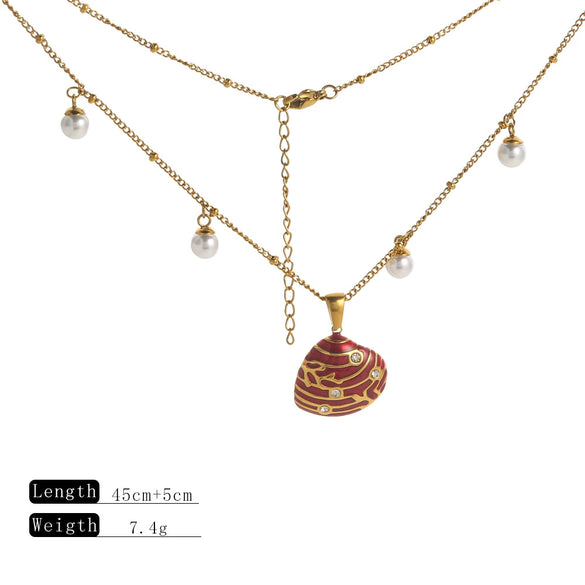 Wholesale Stainless Steel Dripping Oil Necklace With Diamond Shell Pendant And Pearl Chain For Women