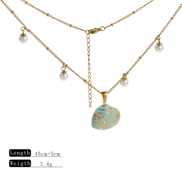 Wholesale Stainless Steel Dripping Oil Necklace With Diamond Shell Pendant And Pearl Chain For Women