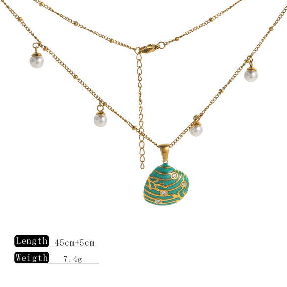 Wholesale Stainless Steel Dripping Oil Necklace With Diamond Shell Pendant And Pearl Chain For Women