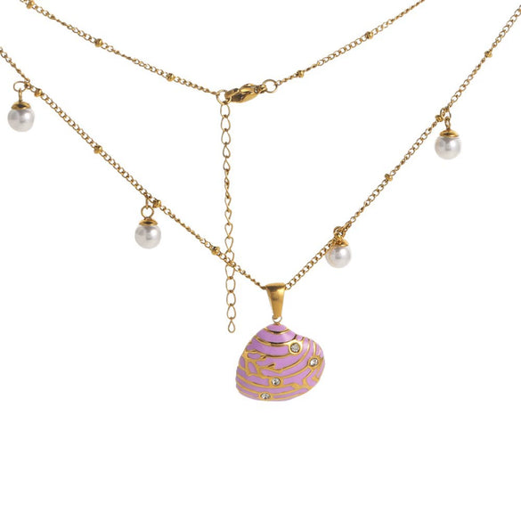 Wholesale Stainless Steel Dripping Oil Necklace With Diamond Shell Pendant And Pearl Chain For Women