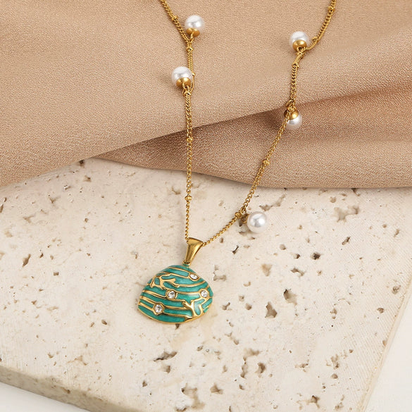 Wholesale Stainless Steel Dripping Oil Necklace With Diamond Shell Pendant And Pearl Chain For Women