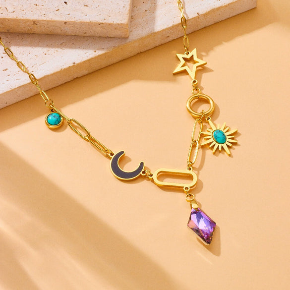 Wholesale Stainless Steel Drop Shape Purple Diamond Facet Pendant Necklace With Electroplating For Women