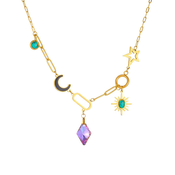 Wholesale Stainless Steel Drop Shape Purple Diamond Facet Pendant Necklace With Electroplating For Women