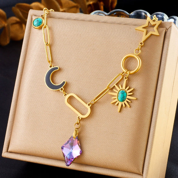 Wholesale Stainless Steel Drop Shape Purple Diamond Facet Pendant Necklace With Electroplating For Women