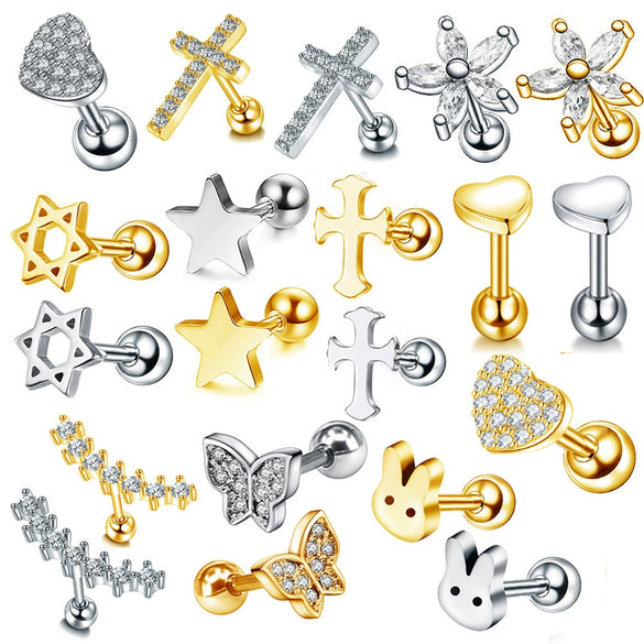 Wholesale Stainless Steel Ear Nails With Fivepointed Star Peach Heart And Cross Shapes Microinlaid Zircon Electroplated For Women