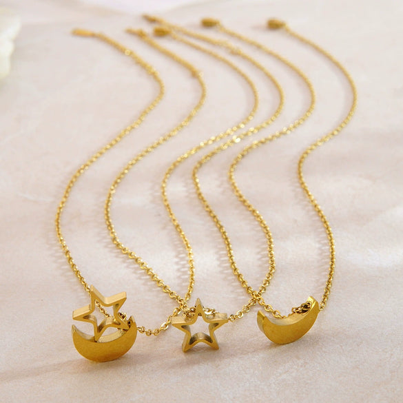 Wholesale Stainless Steel Earrings And Necklace Set With Stars Sun And Moon Clouds And Universe Patterns Electroplated Light Luxury Style