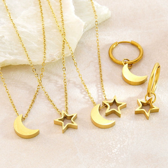 Wholesale Stainless Steel Earrings And Necklace Set With Stars Sun And Moon Clouds And Universe Patterns Electroplated Light Luxury Style
