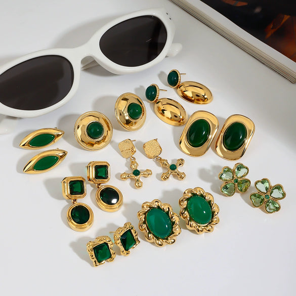 Wholesale Stainless Steel Earrings With Green Agate Geometric Styling Electroplating Treatment For Women