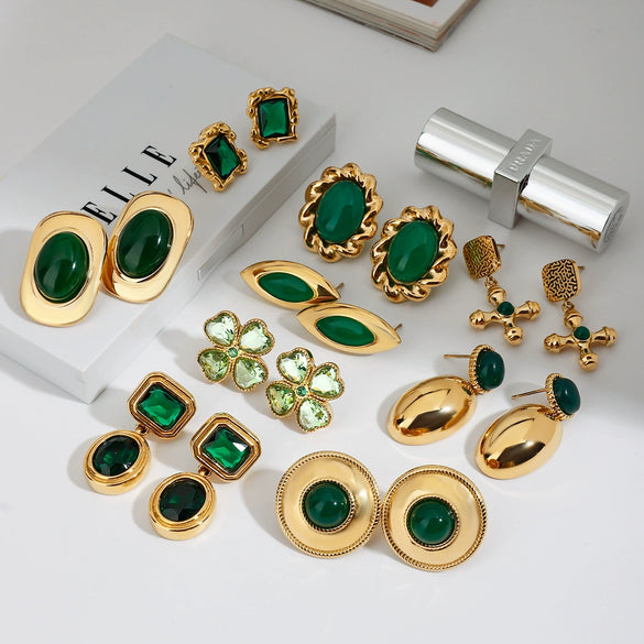 Wholesale Stainless Steel Earrings With Green Agate Geometric Styling Electroplating Treatment For Women