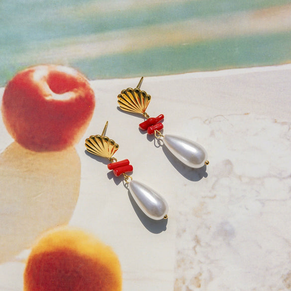Wholesale Stainless Steel Earrings With Pearl Coral Shell Drop Shape Electroplated Quiet Design Personality For Women