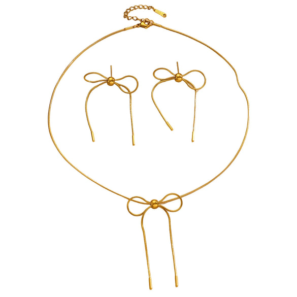 Wholesale Stainless Steel Electroplated Bowknot Earrings And Clavicle Chain Set Accessories For Women