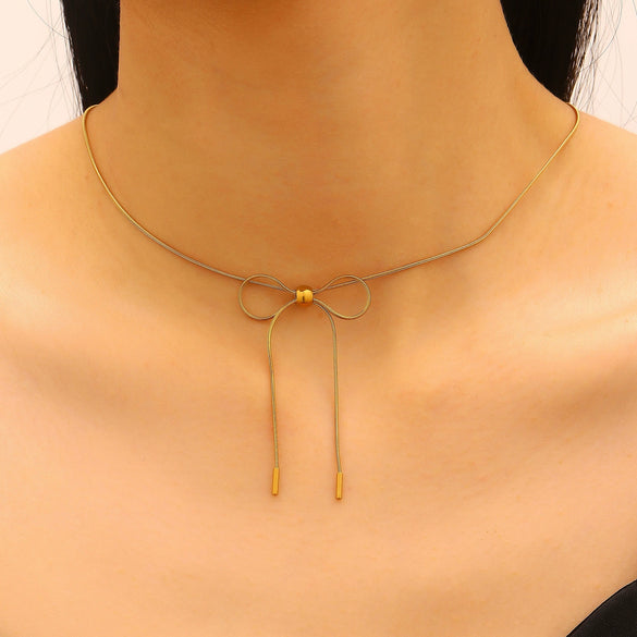 Wholesale Stainless Steel Electroplated Bowknot Earrings And Clavicle Chain Set Accessories For Women