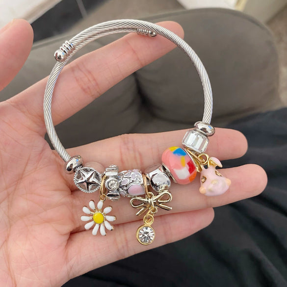 Wholesale Stainless Steel Electroplated Cartoon Animal Daisy Rabbit Pendant Diy Beaded Bracelet For Women