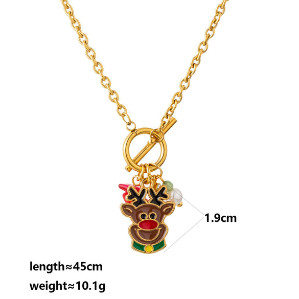 Wholesale Stainless Steel Electroplated Christmas Elk Ot Buckle Necklace With Cartoon Animal Pendant For Women