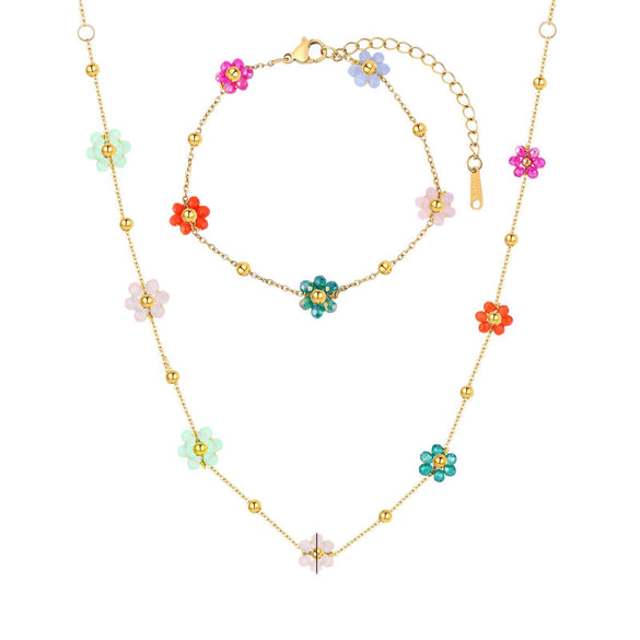 Wholesale Stainless Steel Electroplated Floral Necklace And Bracelet Set For Women