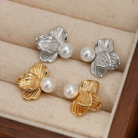 Wholesale 316 Stainless Steel Electroplated Flower Pattern Petal Earrings For Women Light Luxury Style