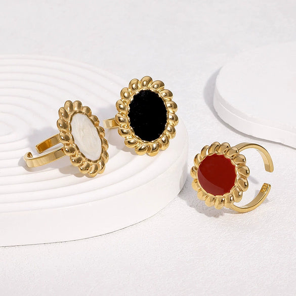 Wholesale Stainless Steel Electroplated Geometric And Floral Pattern Open Ring Women's Jewelry