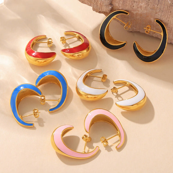 Wholesale 316L Stainless Steel Electroplated Geometric Crescent Shaped Inner Hollow Oil Drop Women's Earrings