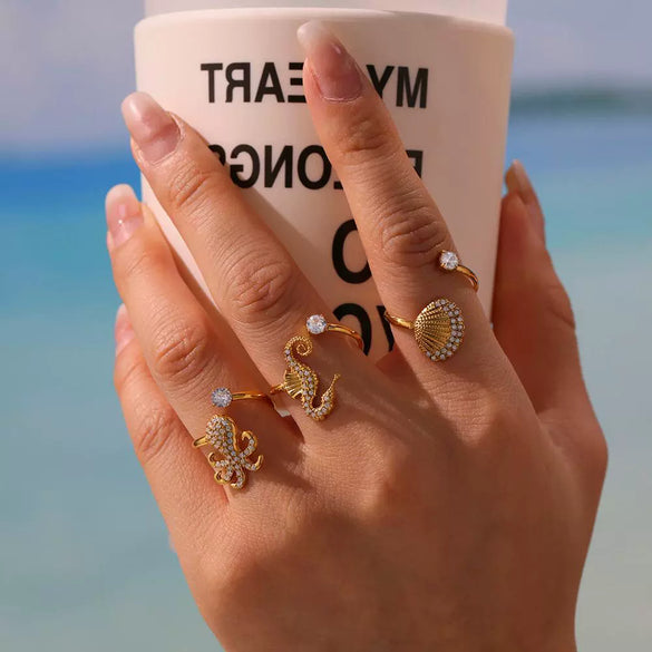 Wholesale Stainless Steel Electroplated Geometric Ferris Wheel Seahorse Octopus Shell Inlaid Ring For Women