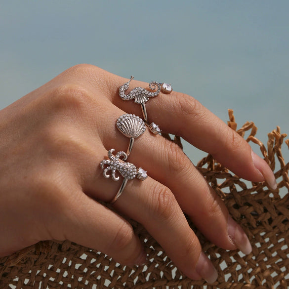 Wholesale Stainless Steel Electroplated Geometric Ferris Wheel Seahorse Octopus Shell Inlaid Ring For Women