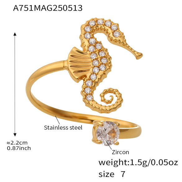 Wholesale Stainless Steel Electroplated Geometric Ferris Wheel Seahorse Octopus Shell Inlaid Ring For Women