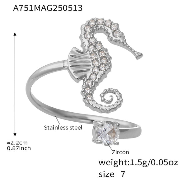 Wholesale Stainless Steel Electroplated Geometric Ferris Wheel Seahorse Octopus Shell Inlaid Ring For Women