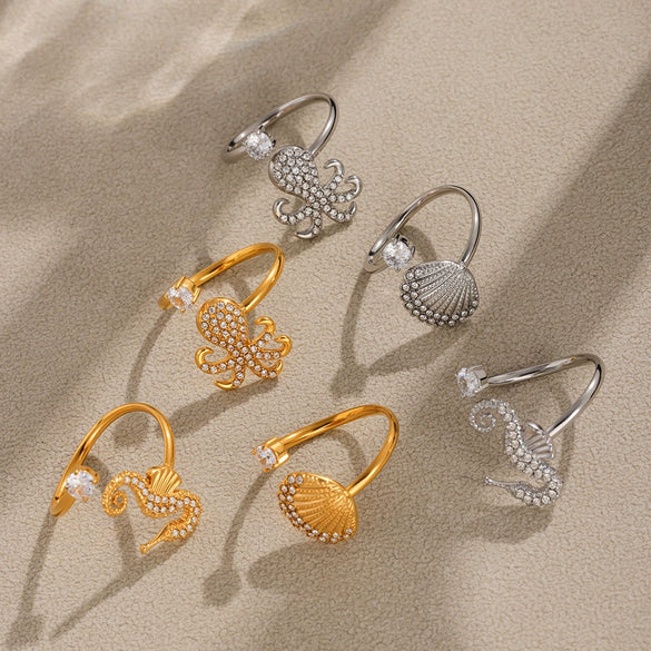 Wholesale Stainless Steel Electroplated Geometric Ferris Wheel Seahorse Octopus Shell Inlaid Ring For Women