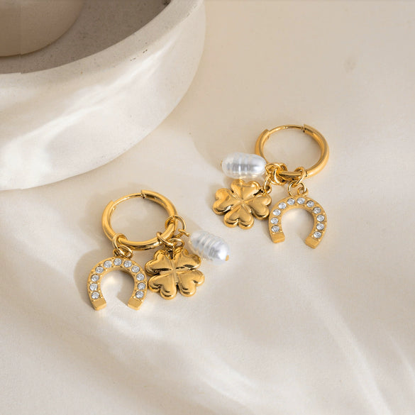 Wholesale Stainless Steel Electroplated Geometric Fourleaf Clover Horseshoe Women's Earrings