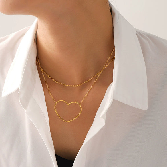 Wholesale 316L Stainless Steel Electroplated Geometric Hollow Love Stacked Collarbone Chain Light Luxury Necklace For Women
