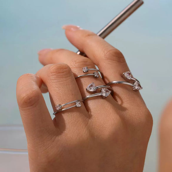 Wholesale Stainless Steel Electroplated Geometric Inlaid Zircon Open Ring Women's Jewelry