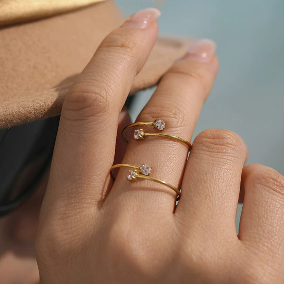 Wholesale Stainless Steel Electroplated Geometric Inlaid Zircon Open Ring Women's Jewelry