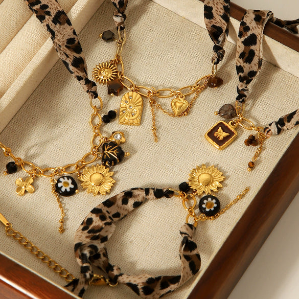 Wholesale Stainless Steel Electroplated Geometric Leopard Print Jewelry Pendant Necklace And Bracelet For Women
