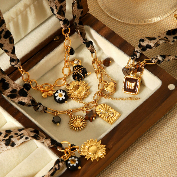 Wholesale Stainless Steel Electroplated Geometric Leopard Print Jewelry Pendant Necklace And Bracelet For Women