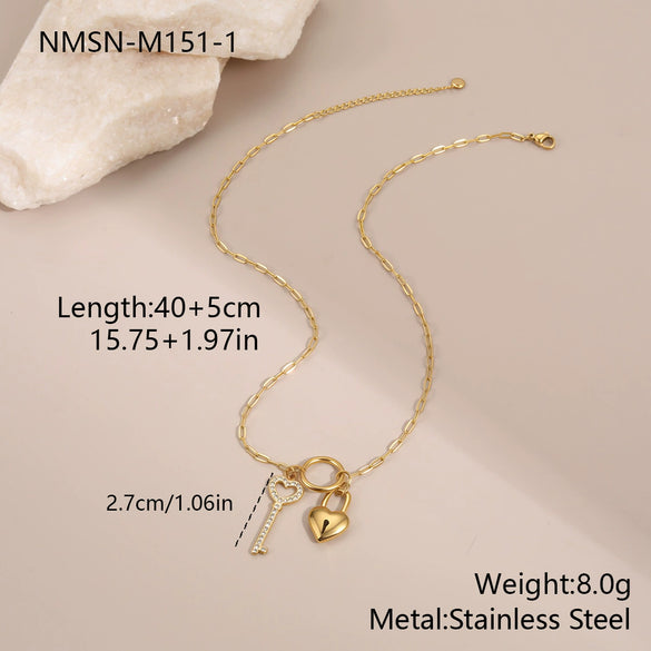Wholesale Stainless Steel Electroplated Geometric Love Lock Key Necklace For Women