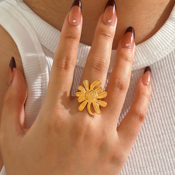 Wholesale Stainless Steel Electroplated Geometric Sunflower Open Ring For Women