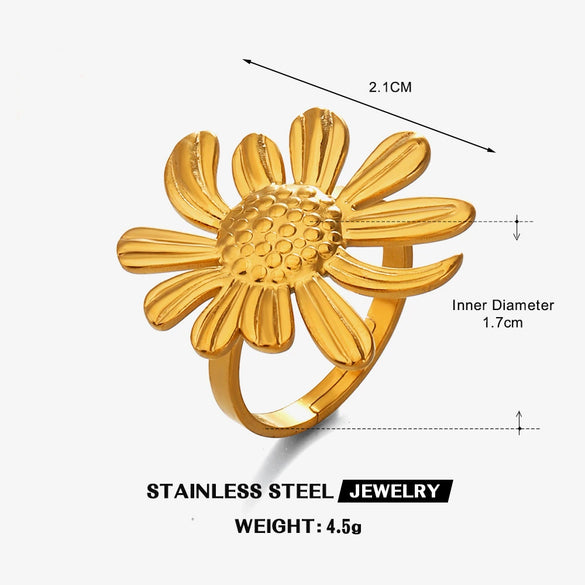 Wholesale Stainless Steel Electroplated Geometric Sunflower Open Ring For Women