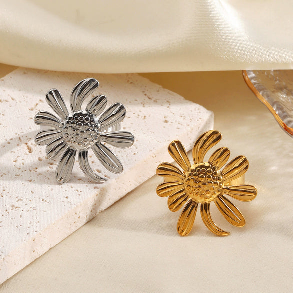 Wholesale Stainless Steel Electroplated Geometric Sunflower Open Ring For Women