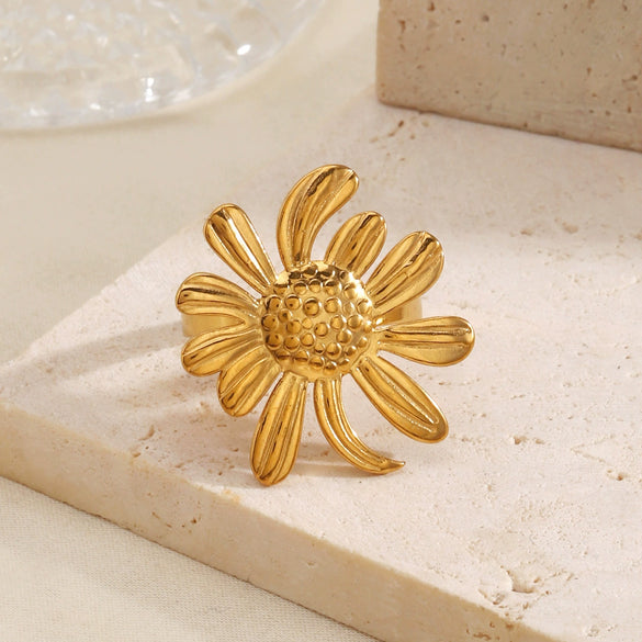 Wholesale Stainless Steel Electroplated Geometric Sunflower Open Ring For Women