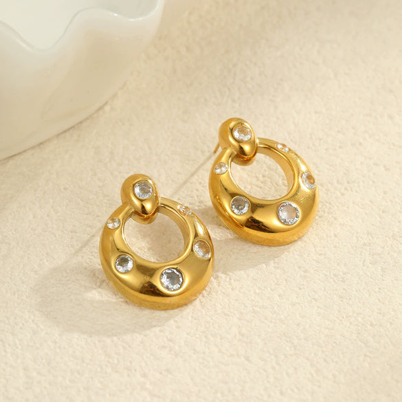 Wholesale Stainless Steel Electroplated Geometric Ushaped Inlaid Zircon Women's Earrings Retro Light Luxury Style