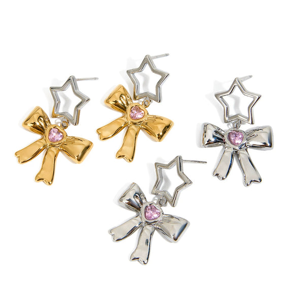 Wholesale Stainless Steel Electroplated Hollow Fivepointed Star Bow Earrings Sweet Cool Minimalist Style