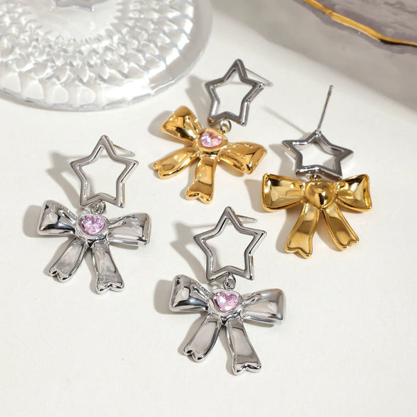 Wholesale Stainless Steel Electroplated Hollow Fivepointed Star Bow Earrings Sweet Cool Minimalist Style