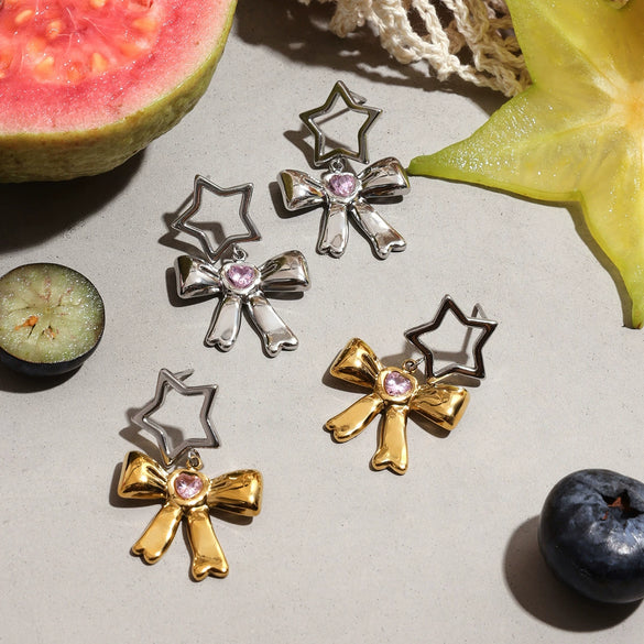 Wholesale Stainless Steel Electroplated Hollow Fivepointed Star Bow Earrings Sweet Cool Minimalist Style