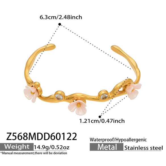 Wholesale Stainless Steel Electroplated 18K Gold Geometric Flower Cshaped Open Bracelet With 5A Zircon