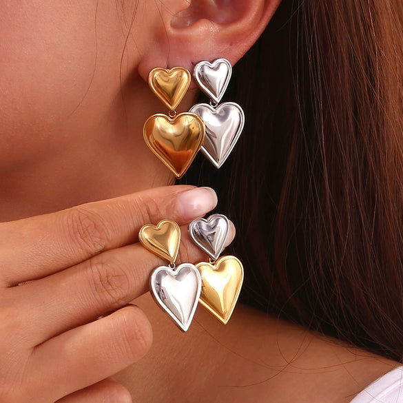 Wholesale Stainless Steel Electroplated 18K Gold Heart Doublelayer Love Pendant Earrings For Women