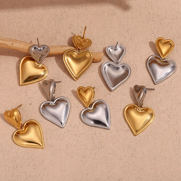 Wholesale Stainless Steel Electroplated 18K Gold Heart Doublelayer Love Pendant Earrings For Women