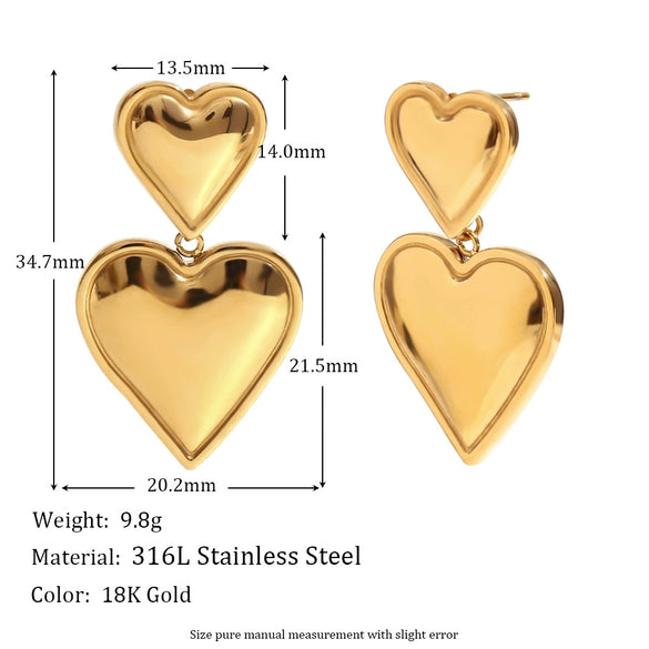 Wholesale Stainless Steel Electroplated 18K Gold Heart Doublelayer Love Pendant Earrings For Women