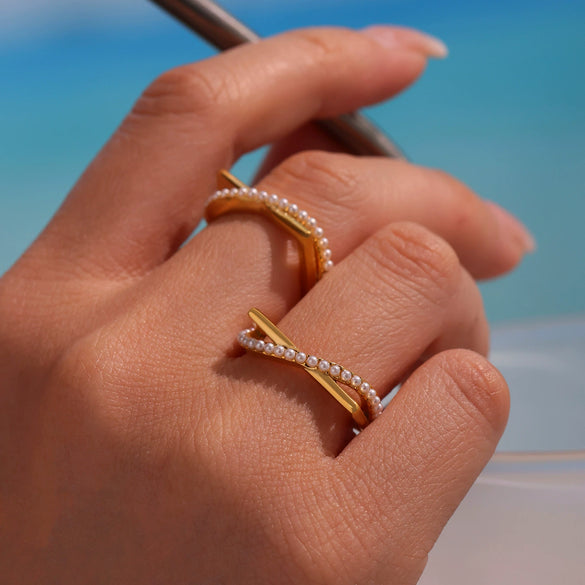 Wholesale Stainless Steel Electroplated 18K Real Gold Geometric Ferris Wheel Cross Double Layer Index Finger Ring For Women