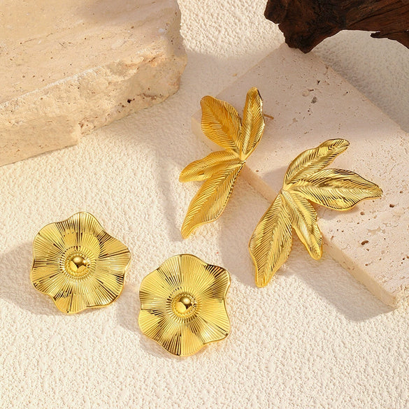 Wholesale Stainless Steel Electroplated Leaf And Flower Earrings For Women